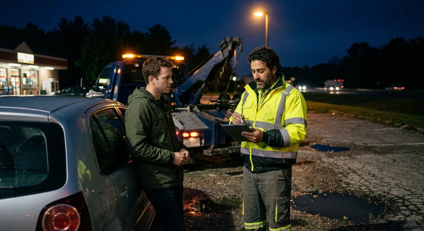 Stranded driver and tow operator discussing a drop-off after dark in Corpus Christi