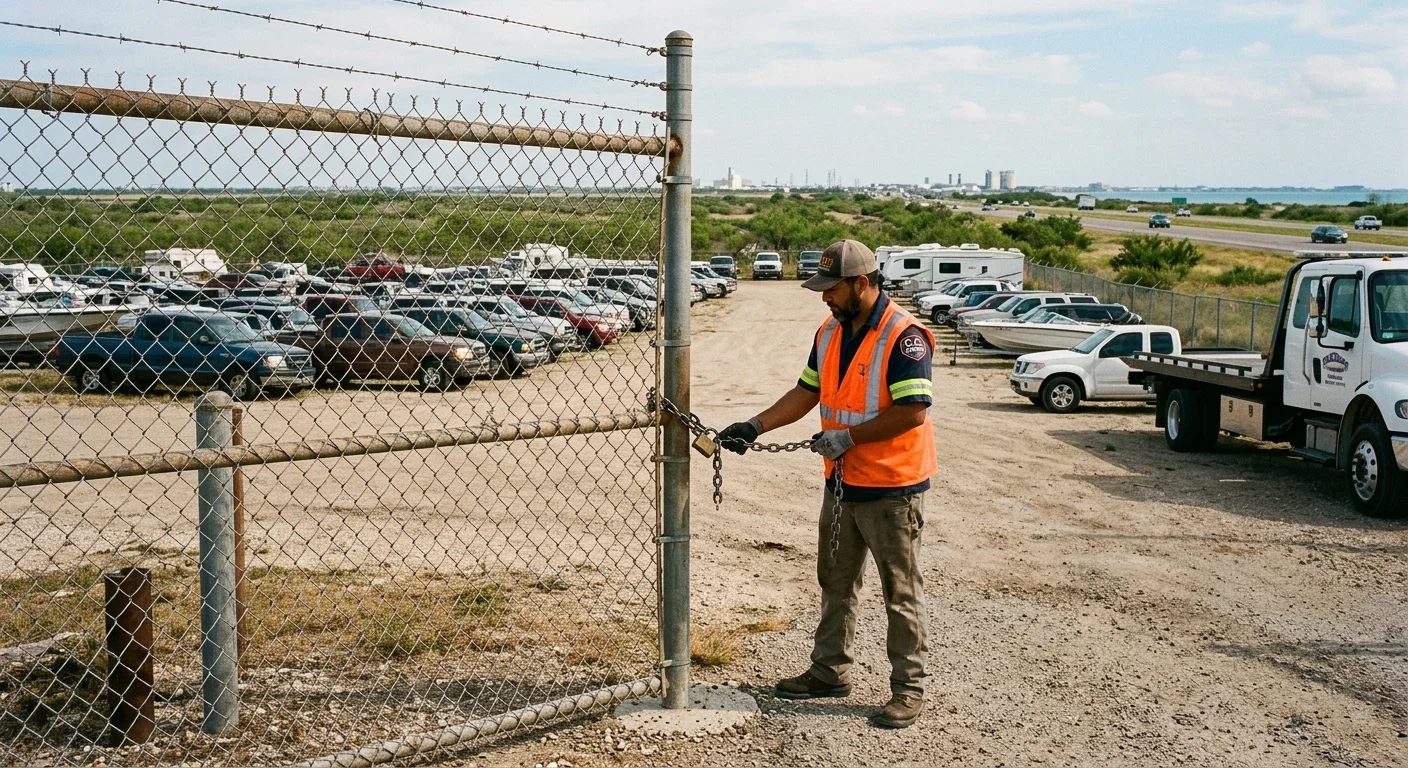 A gated vehicle storage lot entrance in Corpus Christi, Texas