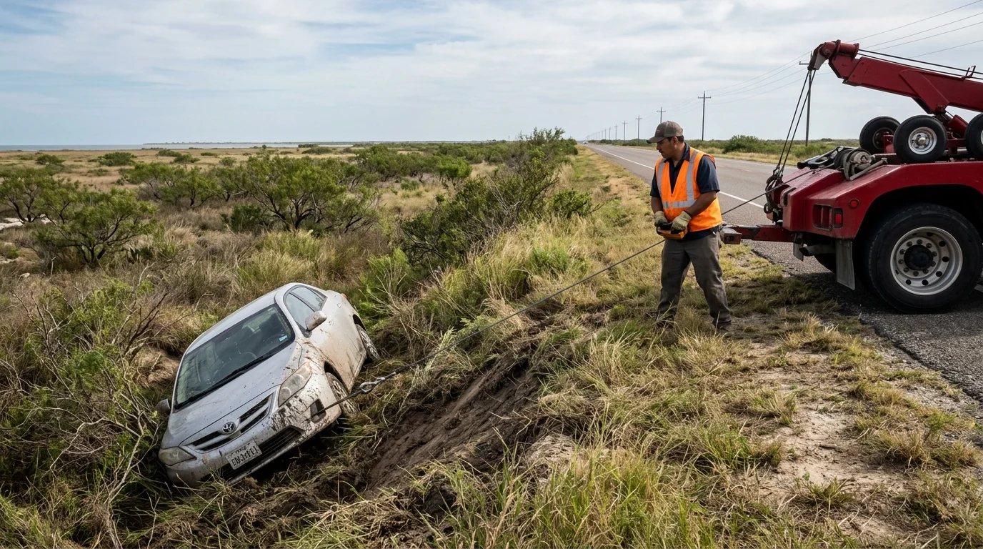 A tow truck winches a car out of a ditch near Corpus Christi