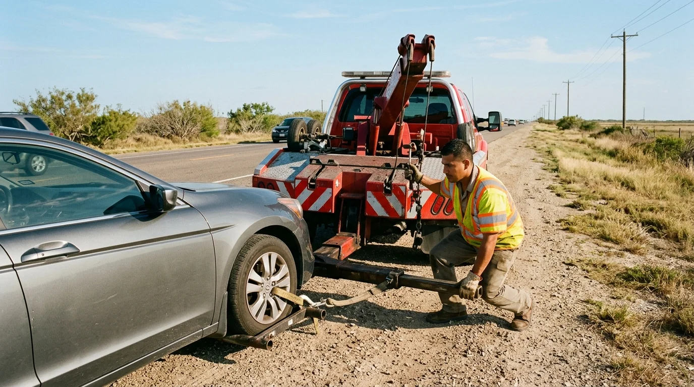A wheel-lift wrecker hooks a car on a Corpus Christi roadside