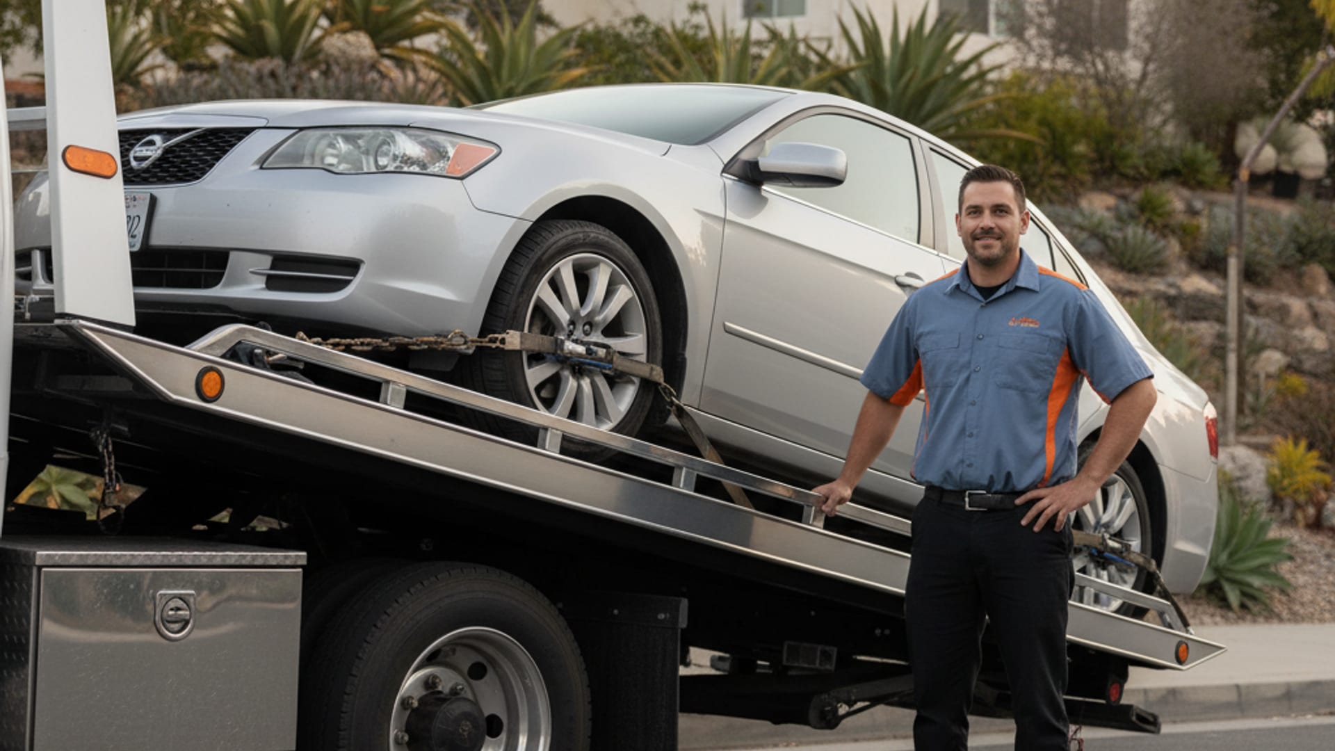 Quick Tow Corpus Christi flatbed driver loading a disabled vehicle on a Corpus Christi street at golden hour