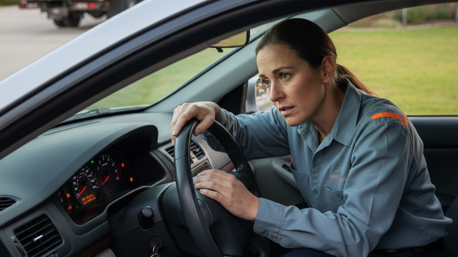 Driver checking dashboard warning lights on a parked car in a Corpus Christi driveway