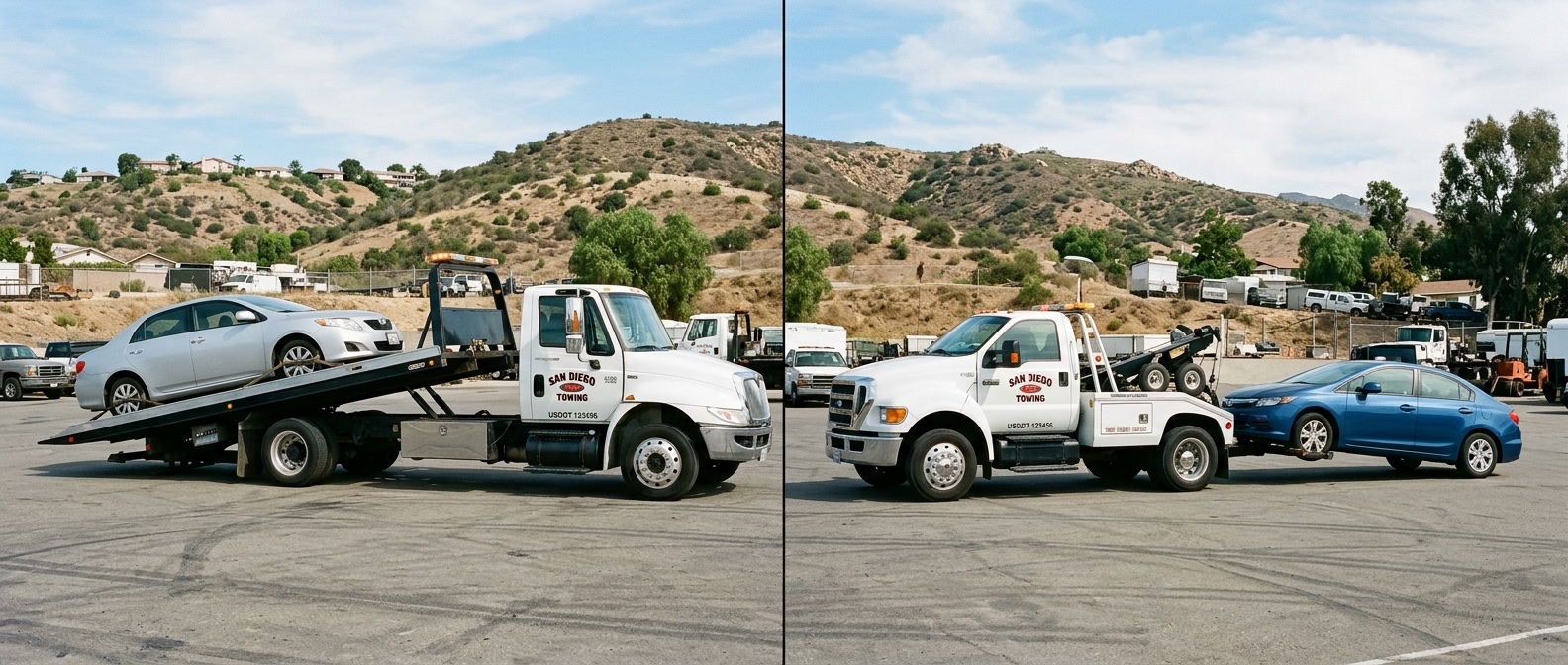 Side-by-side comparison of a flatbed tow truck and a wheel-lift tow truck loading vehicles in a Corpus Christi service yard