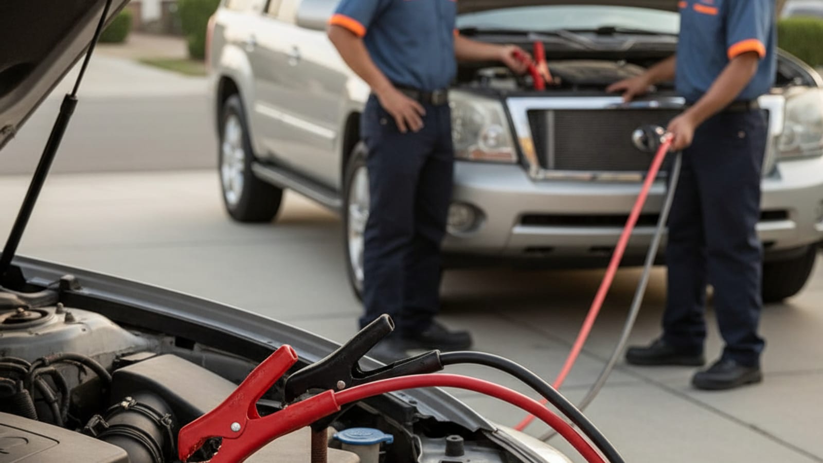 Close-up of jumper cables connected between two car batteries with the donor vehicle running in a Corpus Christi driveway