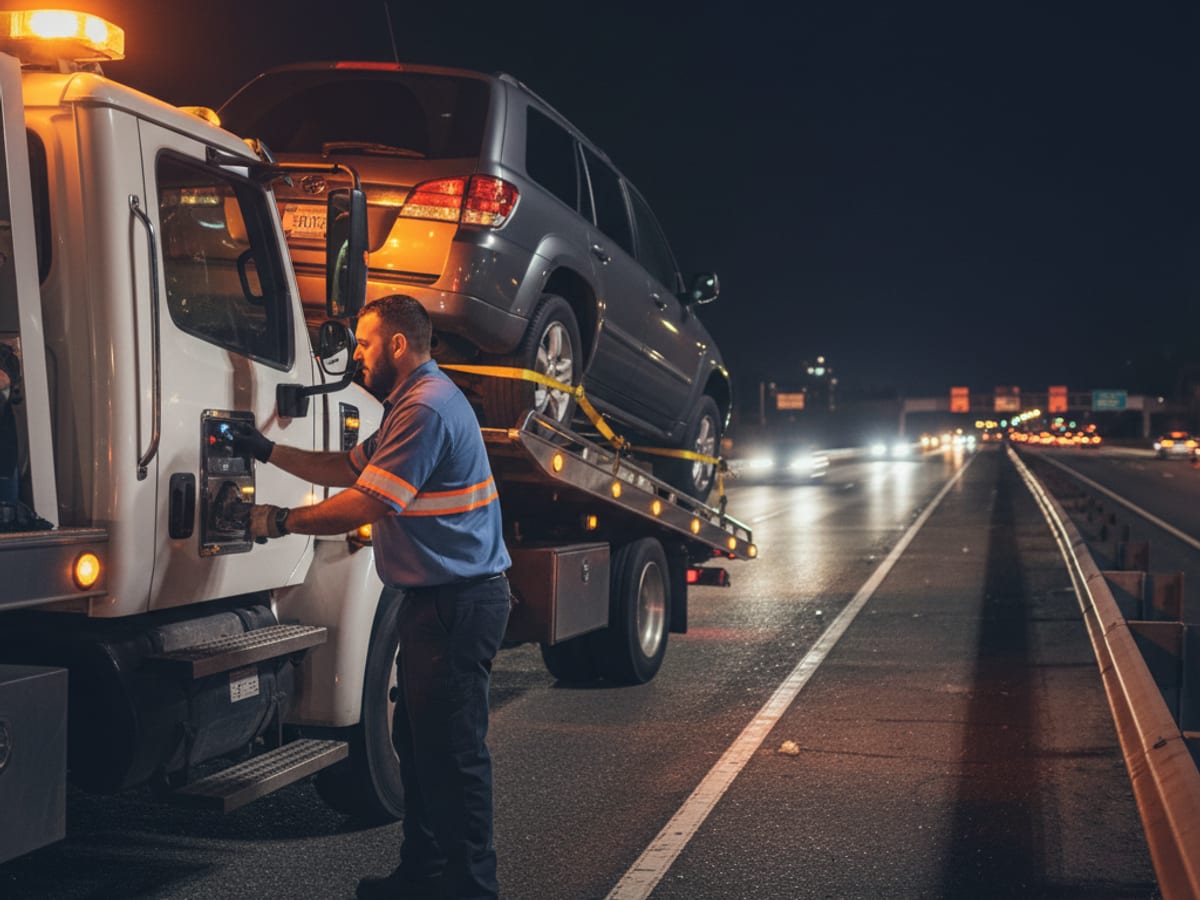 Quick Tow Corpus Christi flatbed driver loading a disabled SUV on a Corpus Christi freeway shoulder at night