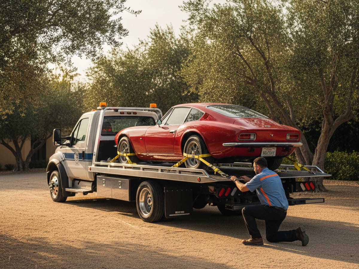 Quick Tow Corpus Christi low-clearance flatbed carefully loading a classic Porsche with soft-tie wheel nets