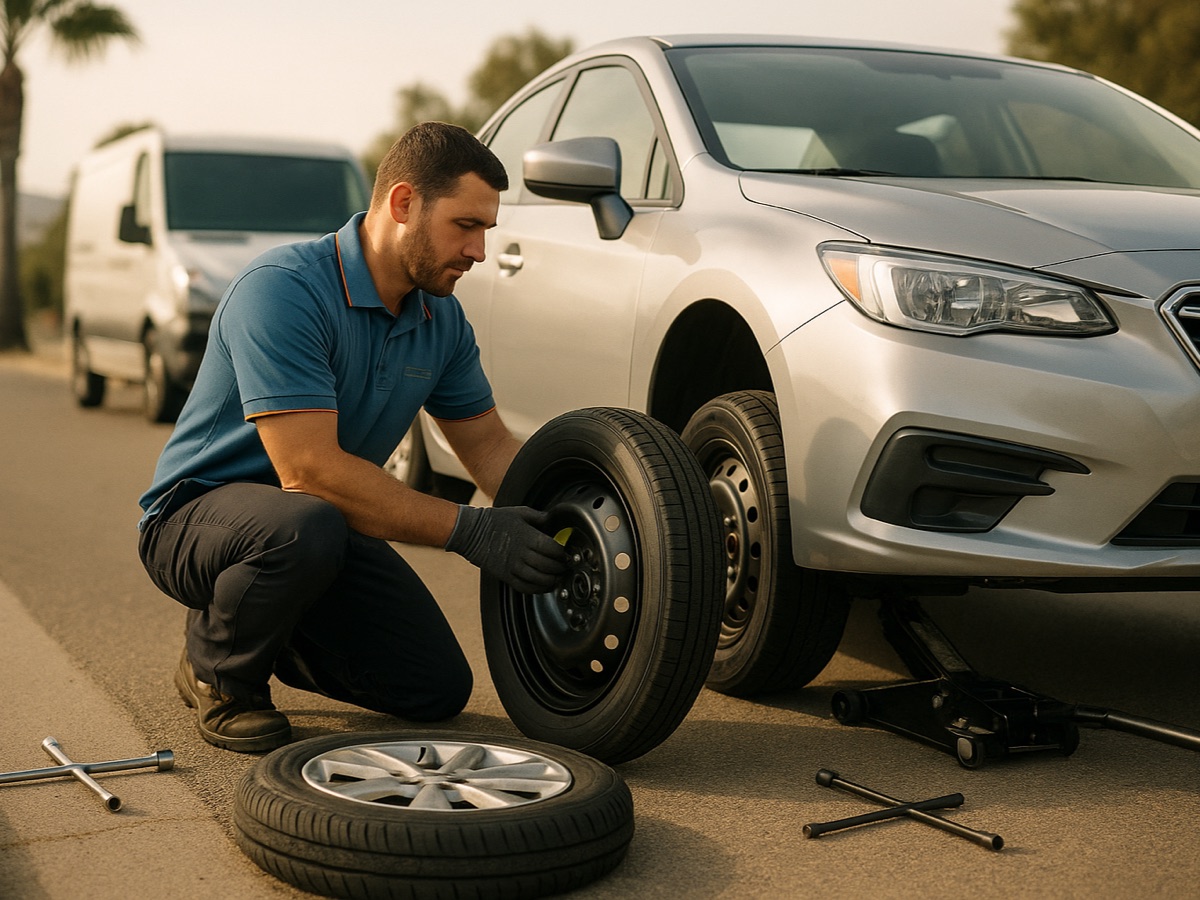 Quick Tow Corpus Christi technician changing a flat tire for the spare on a vehicle pulled onto a Corpus Christi street shoulder