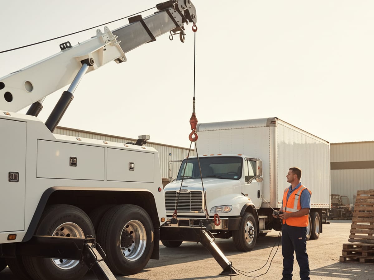 Quick Tow Corpus Christi Class 7 heavy wrecker hooking a commercial box truck on a Corpus Christi industrial lot