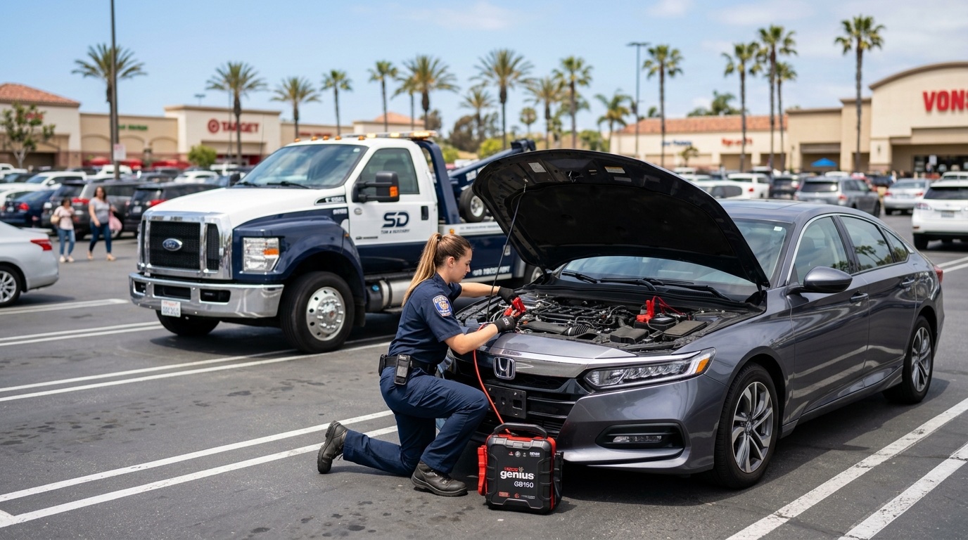 Quick Tow Corpus Christi technician connecting a commercial jump pack to a dead battery in a Corpus Christi parking lot during daylight