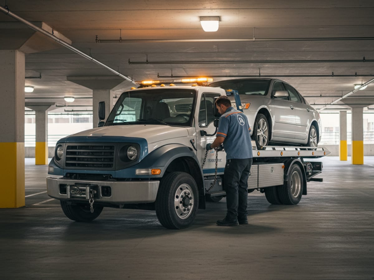 Quick Tow Corpus Christi wheel-lift truck hooking a Honda sedan in a downtown Corpus Christi parking garage